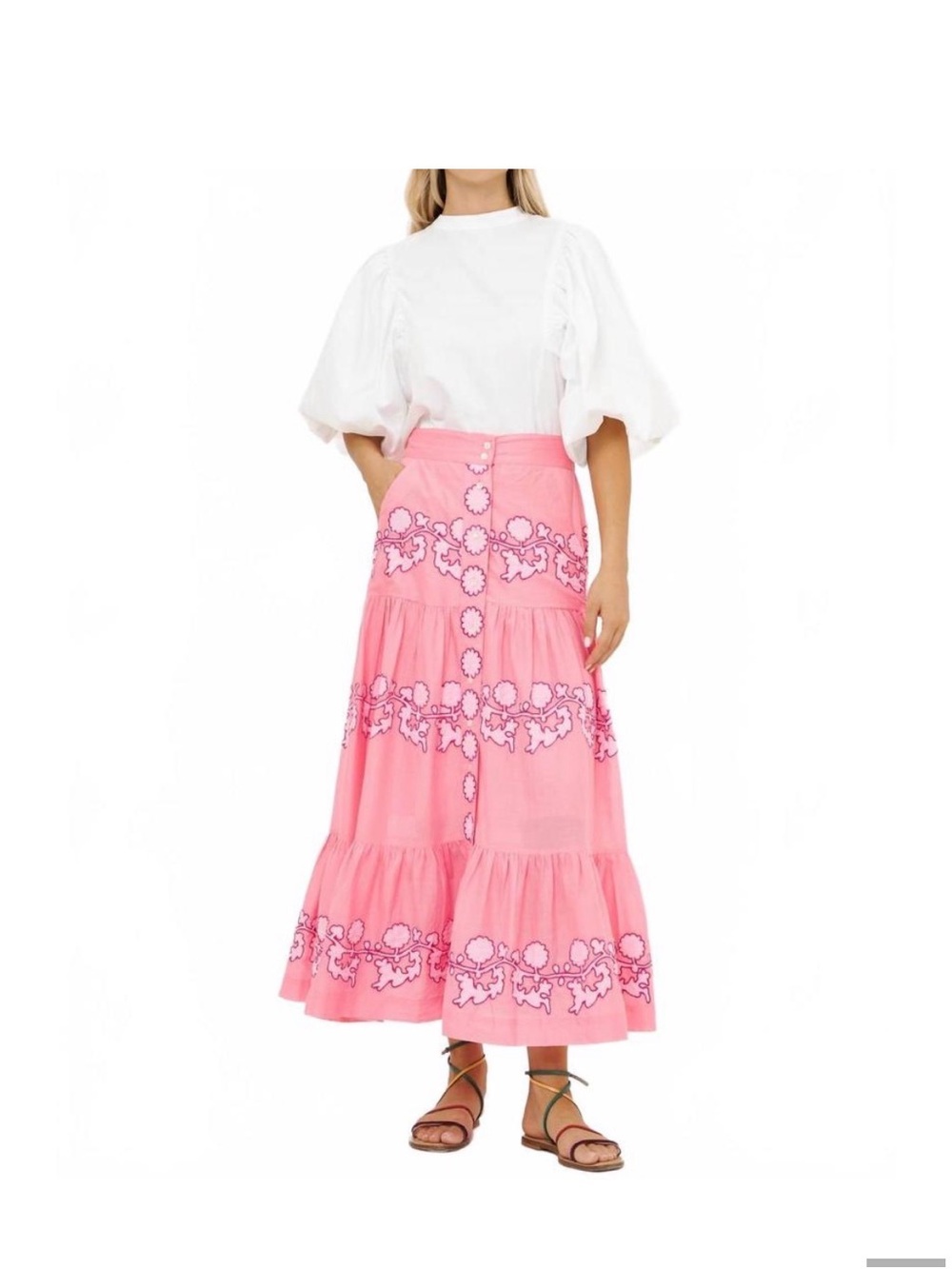 Oliphant Pink Tiered Embroidered Maxi Skirt—worn 1 time, excellent condition